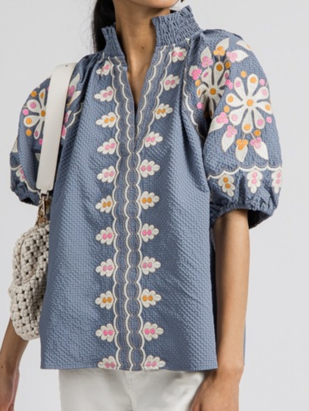 Blue Embroidered Puff-Sleeve Top - Picture 6 of 12